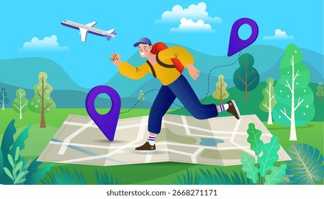 A man runs on a map with location pins, a vector illustration of travel, adventure, and journey planning for tourism and global destinations.
