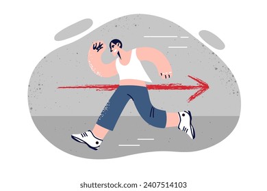 Man runs in opposite direction from red arrow demonstrating non-conformism and lack of agreement with rules. Furious guy runs away from generally accepted standards showing non-conformism