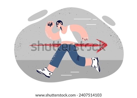 Man runs in opposite direction from red arrow demonstrating non-conformism and lack of agreement with rules. Furious guy runs away from generally accepted standards showing non-conformism
