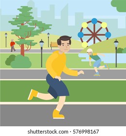Man runs in the park. Healthy lifestyle. Running outdoors.