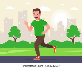 man runs in the park in the morning. morning jogging. doing sports on the street. flat vector character illustration.