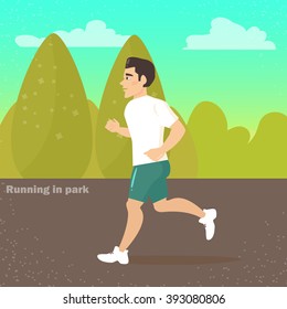 Man runs in the park. Vector isolated illustration. Cartoon character