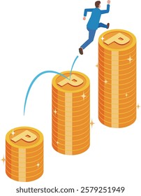 A man runs up the pile of point coins