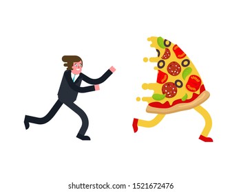 Man runs for pizza isolated. Hunger vector illustration