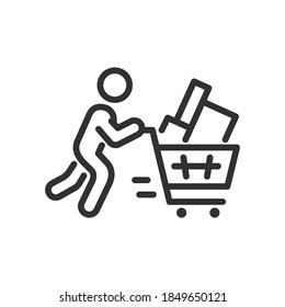 Man Runs Pushing A Cart Full Of Boxes, Groceries, Linear Icon. Editable Stroke