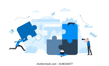 The man runs to put the missing puzzle. Animation ready duik friendly vector Illustration. Conceptual business story. Puzzle connection, teamwork abstract metaphor, partnership, solving problem.