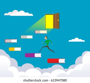 Man runs in the sky up the steps of the books. Concept of education and success. Vector flat design