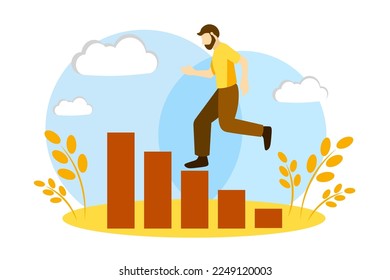 
A man runs up the stairs. Moving towards success. Self development.