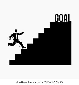 A man runs up the stairs to reach his goal.  Illustration of a businessman working hard to achieve success.