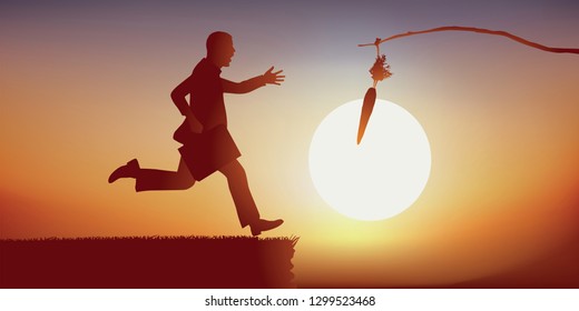 A man runs stupidly to grab a carrot hanging on the end of a stick. In trying to catch him he will be trapped and fall into a hole.