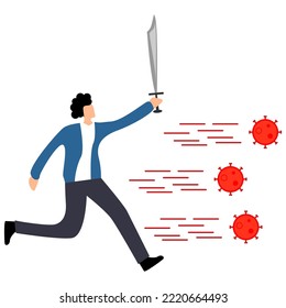 a man runs with a sword to kill the virus