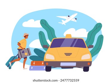 Man runs to taxi. Young guy with bags and luggage runs to car. Tourist and traveler in holiday and vacation. Passenger chasing airplane. Cartoon flat vector illustration isolated on white background