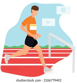 Der Mann läuft mit Hindernissen durch das Stadion. Die Vorteile des Laufens, Prävention von Kardiologie, Gesundheitsförderung. Vektorgrafik des Konzepts des Sporttages und der Kardioausdauer