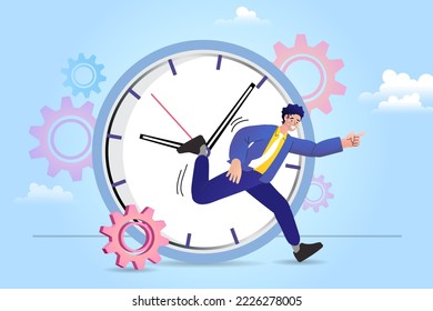 Man runs for time. Time management concept. Career man chasing running clock pursuing a deadline of his report. Vector businessman competitive with business time background.
