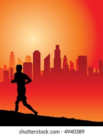 a man runs uphill at dawn with a city skyline as background