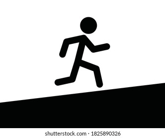 Man Runs Uphill, Icon Concept, Black And White, Vector Illustration