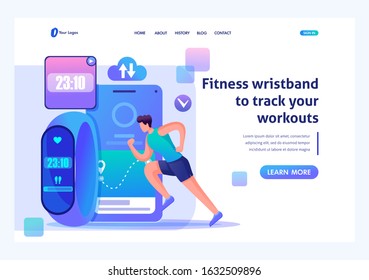 Man runs using a fitness bracelet and tracks his workouts. Flat 2D character. Landing page concepts and web design