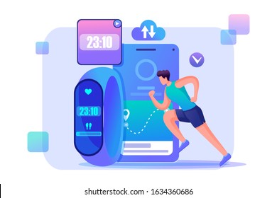 Man runs using a fitness bracelet and tracks his workouts. Flat 2D character. Concept for web design