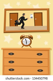 Man in a rush runs against a clock in a race with time