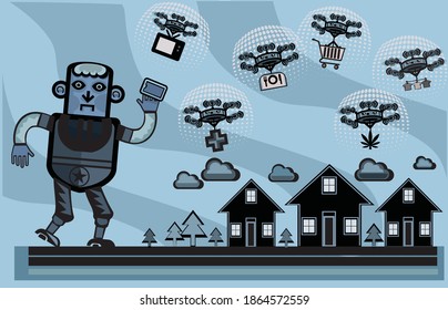 man rushes to get deliveries from various delivery drones