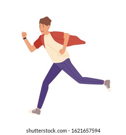 Man rushing flat vector illustration. Late young student in casual clothes isolated on white background. Worker hurrying. Male nervous cartoon character running fast design element.