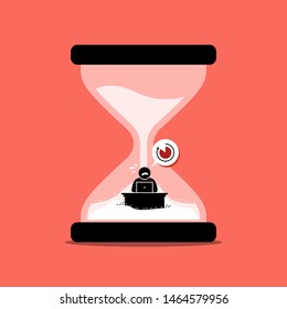 Man Rushing His Office Work Inside A Sand Clock Or Hourglass Representing Deadline. Vector Artwork Concept Depicts Stress, No Time, Desperation, Urgency, And Due Date.