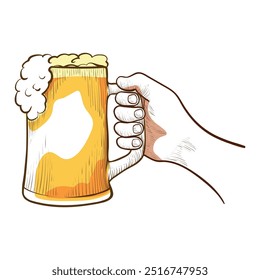 A man s hand holding a beer glass filled with golden liquid and topped with a thick layer of foam, perfect for toasting happy occasions.