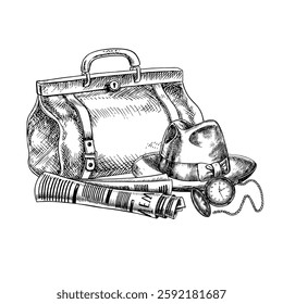 A man s hat, newspaper, watch and cigar. A hand-drawn vector graphic illustration. Black and white image with a men s theme. For postcards, banners and flyers for All Men s Day and Father s Day.