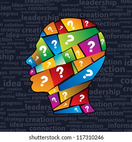 Man s head with many question