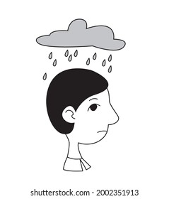A man s head in profile with a cloud and rain above him. Concept of psychological problems, depression and autism doodle. Vector art.