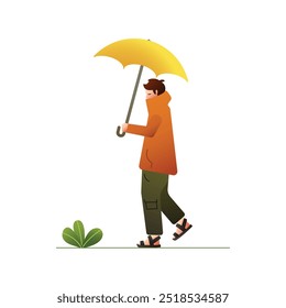 Man sad in the bad weather holding umbrella
