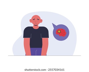 A man is sad because of hair loss caused by brain cancer he is suffering from, vector illustration of health problem.