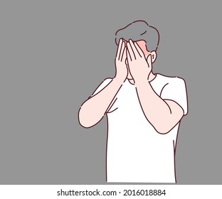 Un hombre es una expresión triste que cubre la cara con las manos mientras llora. Dibujado a mano en estilo de línea delgada, ilustraciones vectoriales.