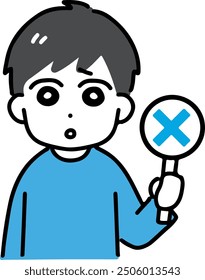 A man with a sad expression holding a cross-marked placard