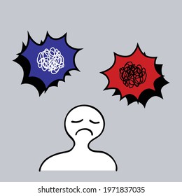 A Man With Sad Face Is Center Between Blue And Red Angry Speech Bubbles. Graphic For Discord Situation In Social Concept.