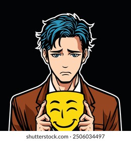 a man with a sad face holding a yellow mask of a smile face illustrations