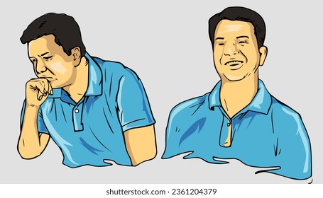 Hombre con caras tristes y felices. vector de ilustración de expresión facial