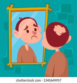 A man with a sad look is standing in front of a mirror. Bald spot on his head. Rear view and front reflection. Vector illustration in cartoon style.