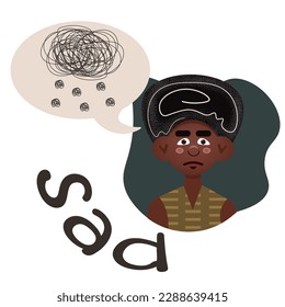 A man is sad, thoughts in his head, sadness, vector image, clipart, sketch, sticker, banner, postcard