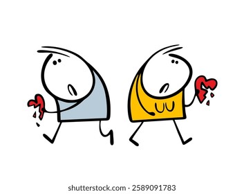 Man and sad woman hold a broken heart and go their separate ways. Vector illustration of divorce and breakup. love is gone, unhappy people. Isolated funny characters on white background.