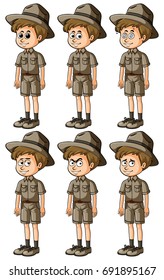 Man in safari outfit with different expressions illustration