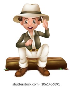 Man in safari outfit sitting on log illustration