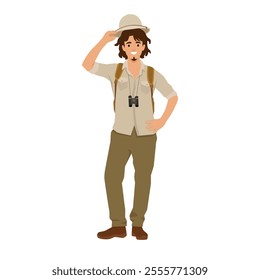 Man in safari outfit wearing cork hat. lat vector illustration isolated on white background