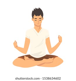 Man safe the balance with meditation, relaxation cartoon vector illustration