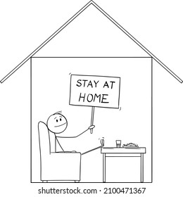 Man is safe i his house, holding stay at home sign, covid-19 or coronavirus epidemic, vector cartoon stick figure or character illustration.
