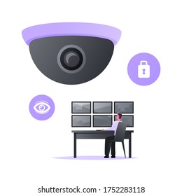 Man Safeguard Sitting at Huge Video Camera Looking at Multiple Monitors. Security Character Use Surveillance System, Technology for Protection Property, Monitoring Control. Cartoon Vector Illustration
