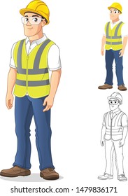 Man With Safety Gear Standing Straight, With His Arms By His Side, Cartoon Character Design, Including Flat And Line Art Designs, Vector Illustration, In Isolated White Background.