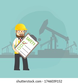 Man Safety inspector hold board checklist of industrial oil plants Standing inspection in front of the safety first paper workplace for safety first concept