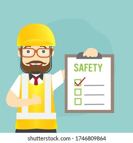 Man Safety Inspector Hold Board Checklist Of Industrial Plants Standing Inspection In Front Of The Safety First Paper Workplace For Safety First Concept