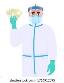 Man In Safety Protection Suit, Medical Mask, Glasses And Face Shield Showing Cash, Money. Doctor Or Physician Holding Currency Notes. Surgeon Or Scientist Wearing Personal Protective Equipment (PPE). 